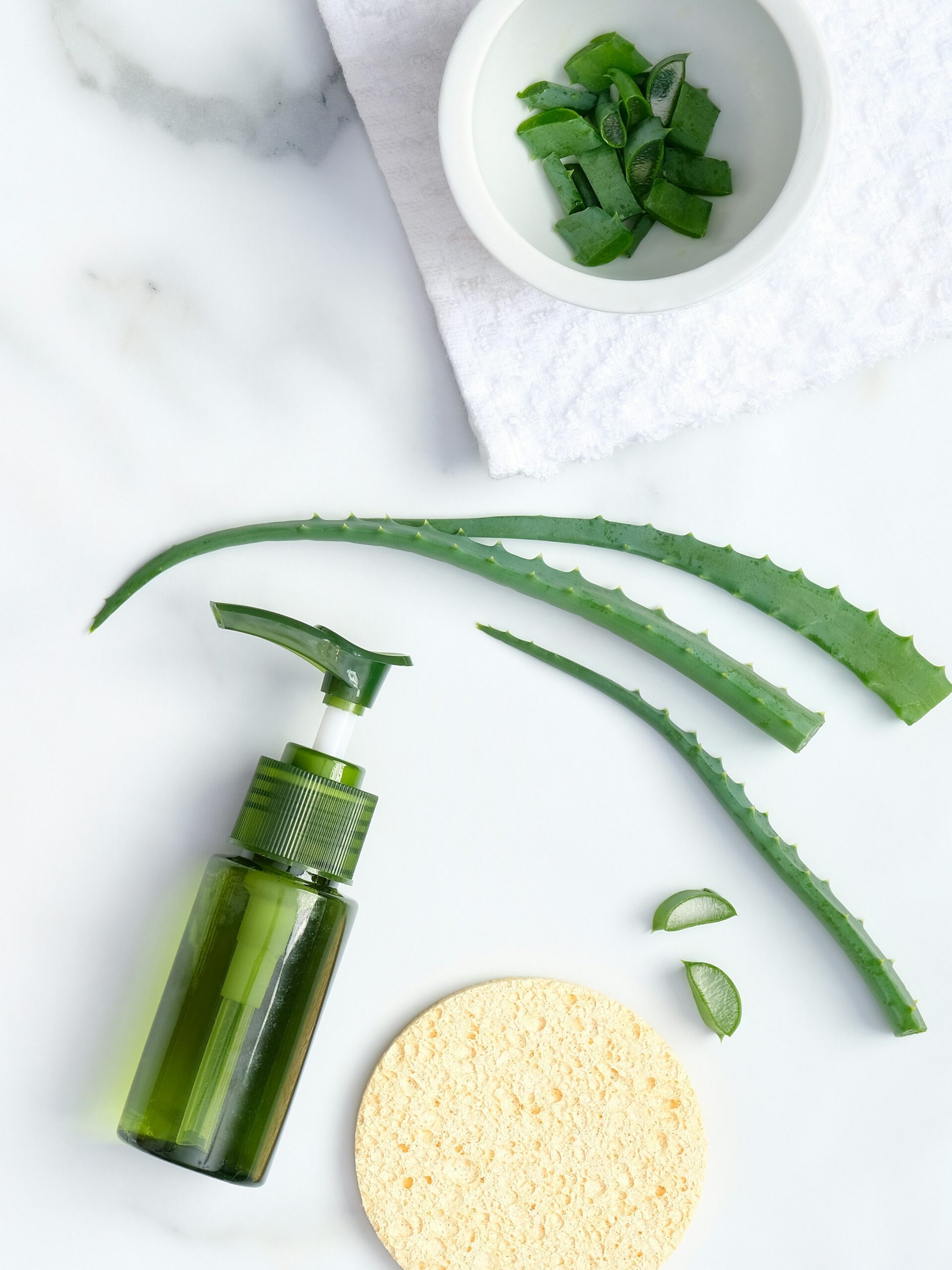Flat lay di un prodotto skincare lenitivo all'aloe vera con aloe vera naturale e una spugna