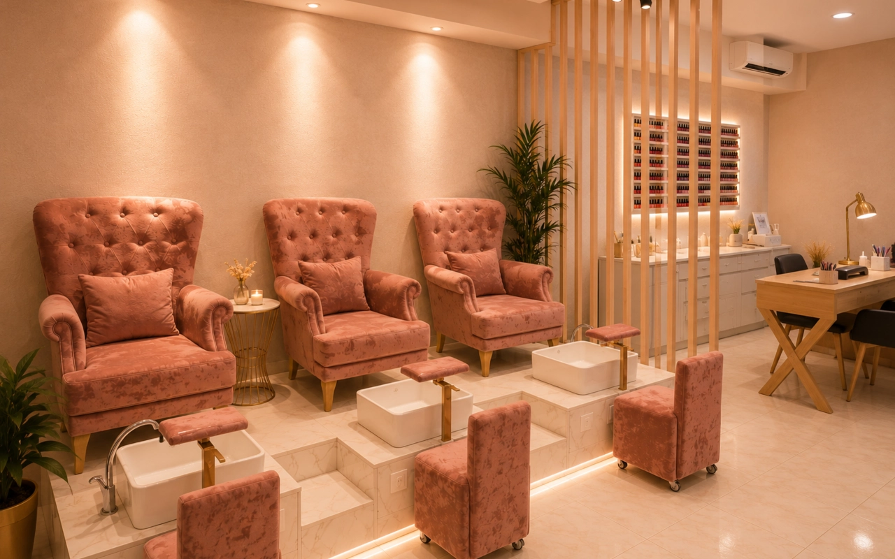 Un lussuoso salone di bellezza e pedicure dall'illuminazione calda, caratterizzato da una tavolozza di colori rosa cipria. Sulla sinistra, tre comode poltrone trapuntate color rosa antico con cuscini coordinati sono disposte su una pedana in marmo. Davanti a ogni poltrona ci sono una vasca quadrata bianca con rubinetteria dorata e un piccolo sgabello rosa con rotelle per l'estetista. Un divisorio a doghe di legno separa l'area pedicure da una postazione manicure sulla destra e da un espositore a parete retroilluminato che mostra file di flaconi di smalto.